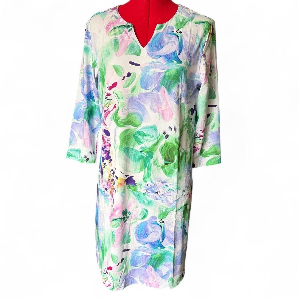 Lightbare UPF 50+ Sun Protection Dress Floral 3/4 Sleeve Pockets White Multi M